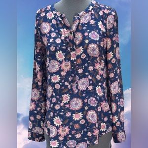 Lucky Brand Live in Love Long Sleeve Navy Print Top Size XS